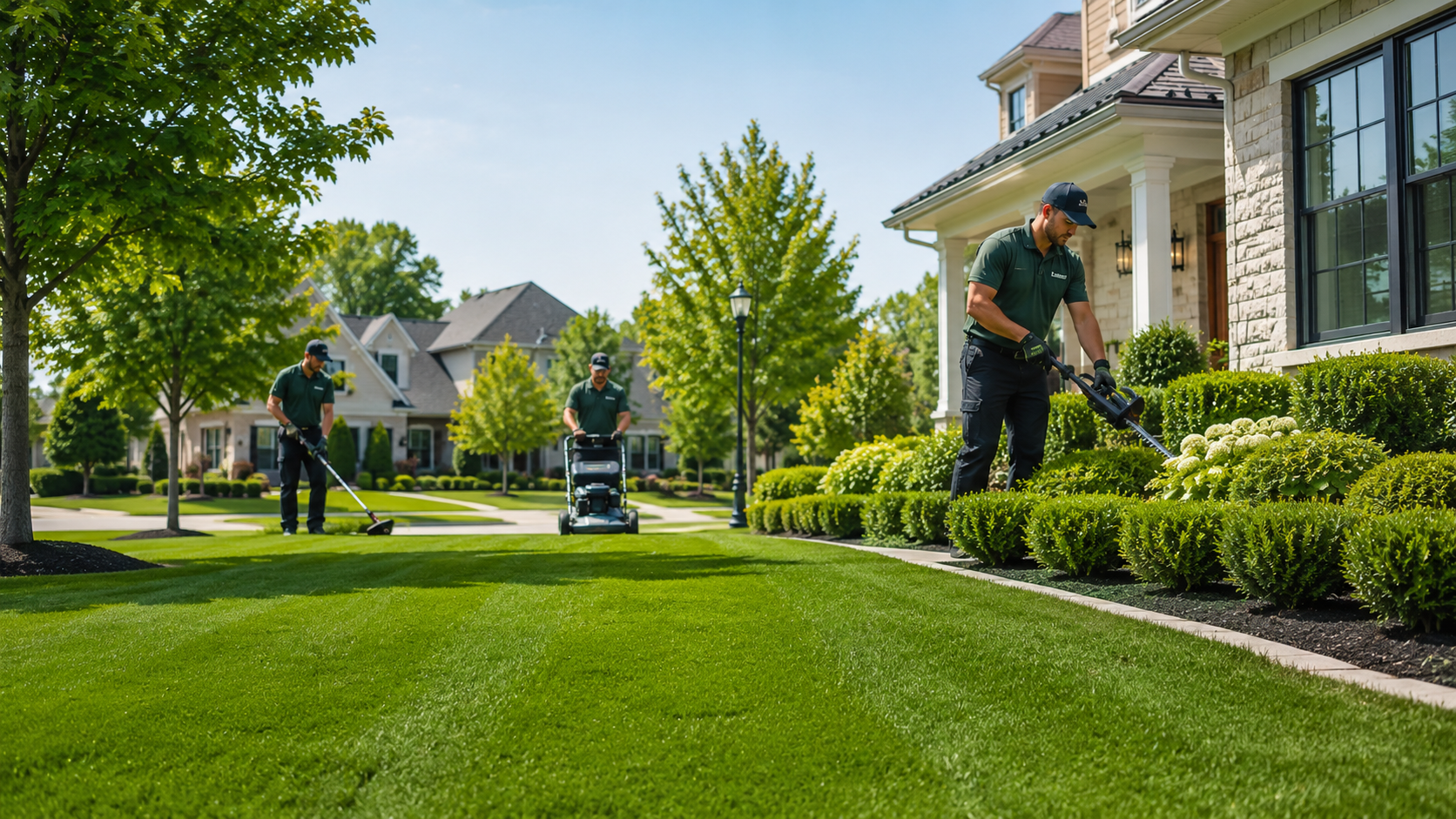 Professional EZLawn Service by Nolan Contracting team maintaining a neighborhood lawn